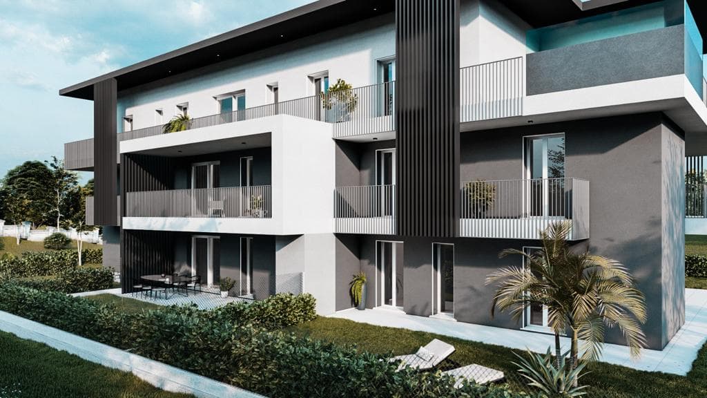 Residenza Superga a Cornate d’Adda: render della palazzina di tre piani con balconi e giardino