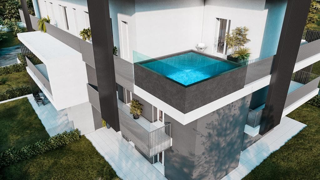 Residenza Superga a Cornate d’Adda: vista dall’alto dell’angolo con piscina sul terrazzo
