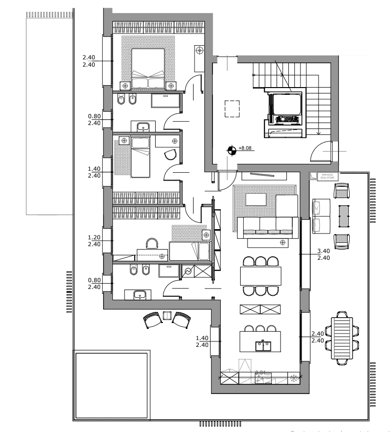Planimetria quadrilocale Residenza Superga: soggiorno con cucina, tre camere, due bagni e terrazzo
