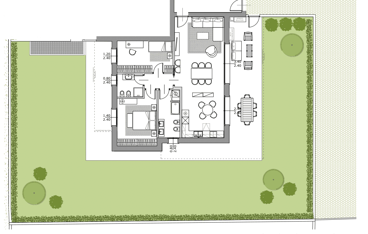Planimetria trilocale Residenza Superga: soggiorno con cucina, due camere, due bagni e ampio giardino