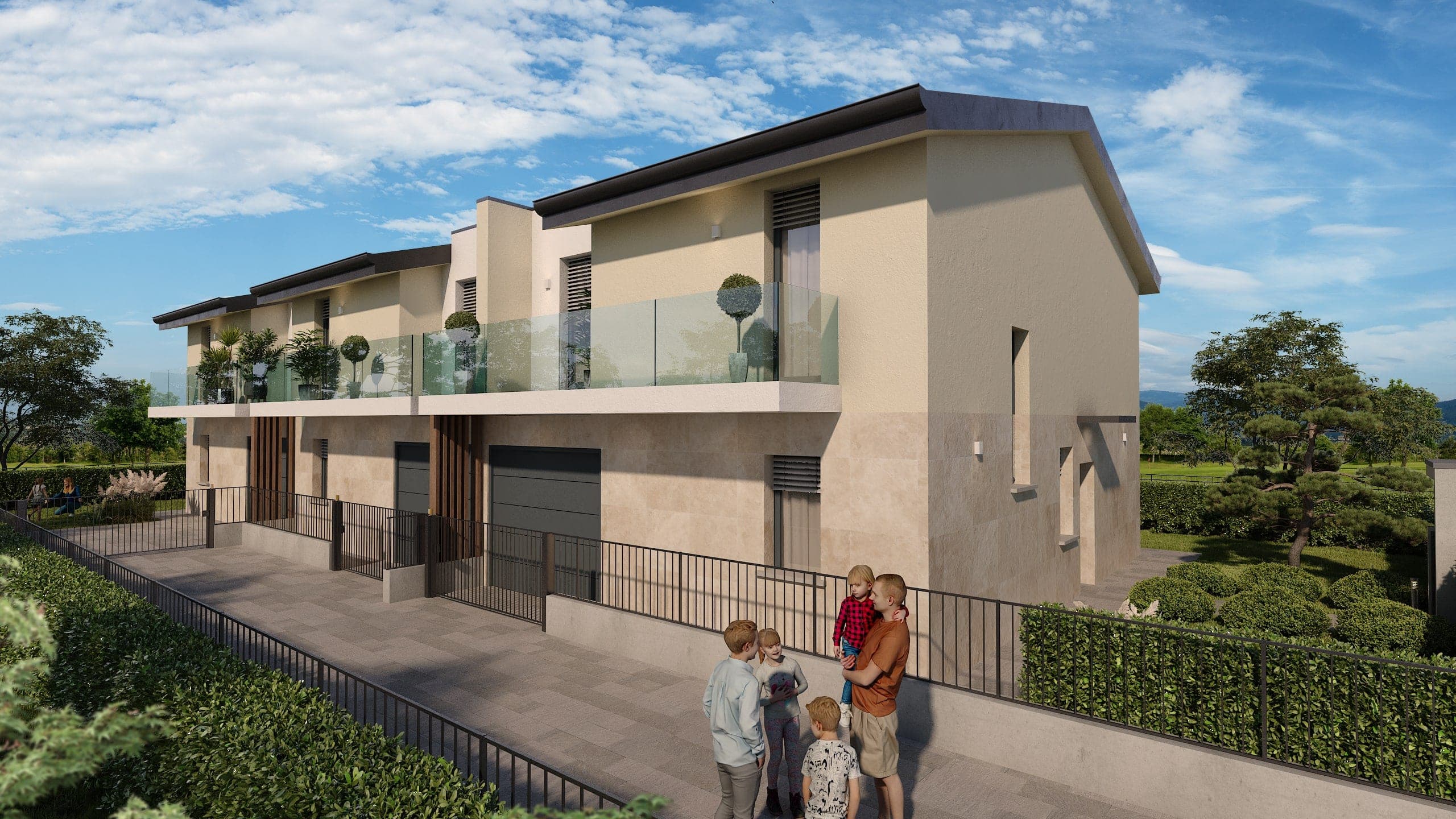 Residenze Le Ortensie a Pozzo d’Adda: ingresso con box auto e famiglia sul vialetto