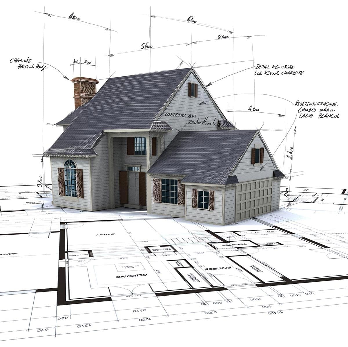 Modello 3D di una casa appoggiato su una planimetria con schizzi e quote di progetto